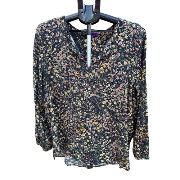 Vince Camuto Tops - West Kei Blouse Womens XL Navy Floral V-Neck Long Sleeve Pullover Woven